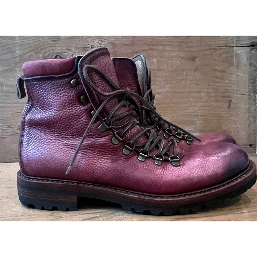 Antonio Maurizi Mens 9.5 Burgundy Pebbled Leather Hiking Boots Italy Lug Sole